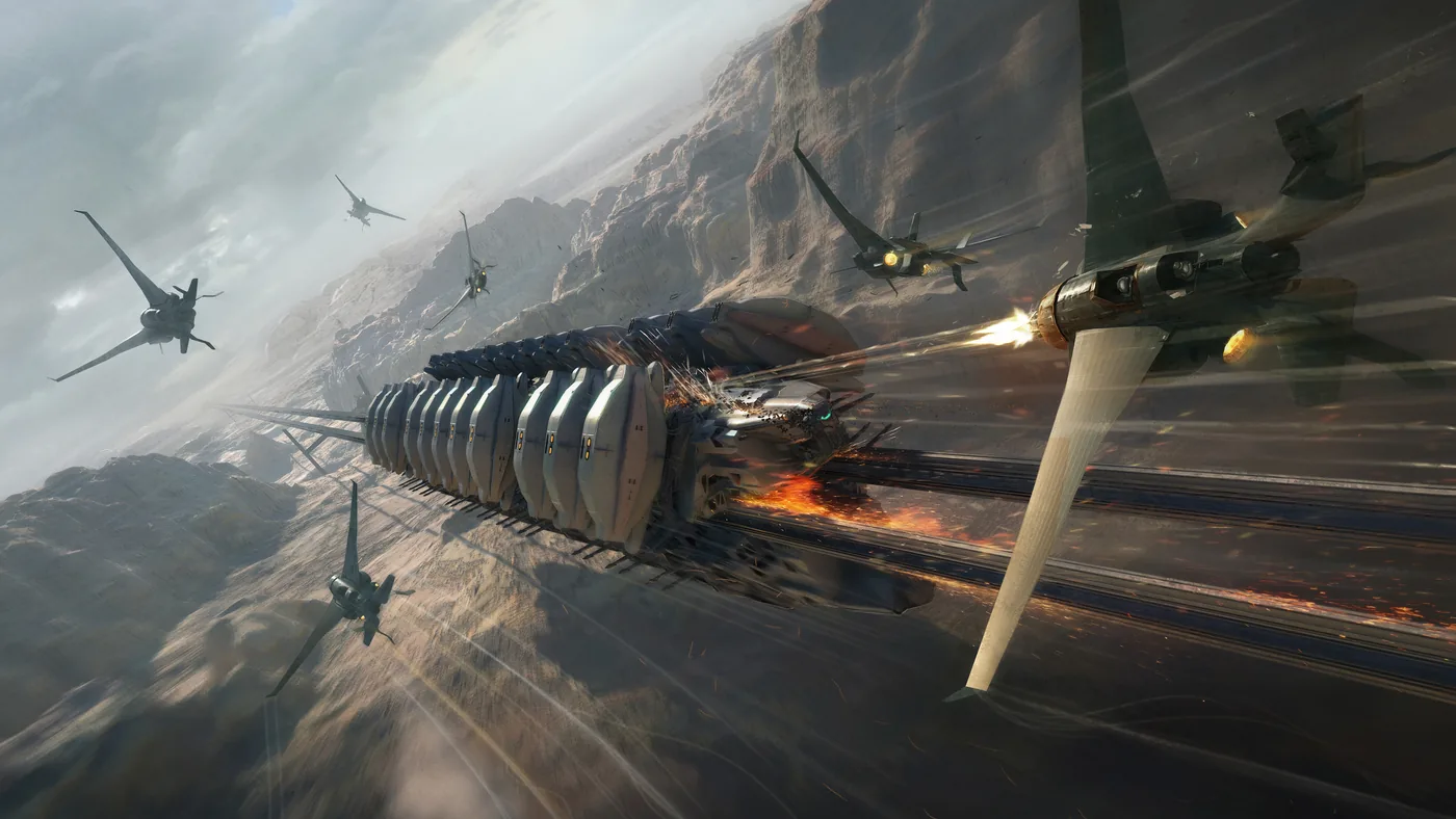 Science-fiction world with futuristic vehicles in motion
