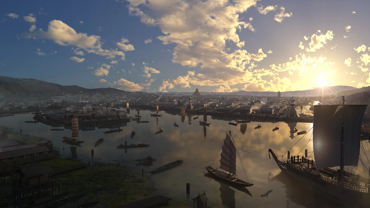 Cinematic harbor scene at sunset with ships and mountains